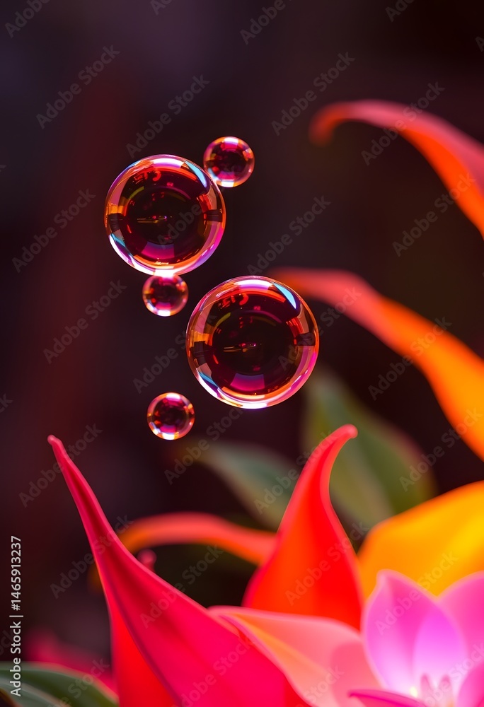 Poster ethereal bubbles float above vibrant plants. radiant colors glow, creating a dreamlike scene. an abs
