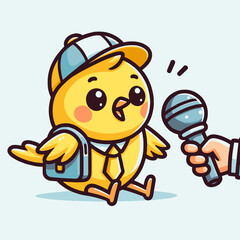 Cartoon Yellow Bird Being Interviewed with a Microphone Wearing a Hat and Backpack on a White Background
