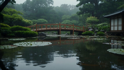 Tranquil Japanese Garden Bridge in the Rain