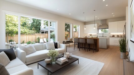 Modern open concept living space with kitchen, large windows & natural light