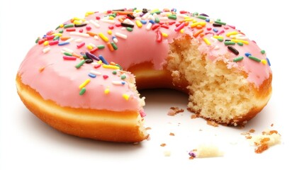Pink glazed donut with a bite taken out