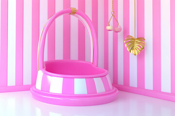 Pink and white striped backdrop with a pink bathtub shaped like a basket, gold accents, and a gold leaf. Perfect for beauty, baby, or product photography.