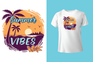 Retro Poster Style Surfing Wave with Sunset and Palm Trees – Artistic Summer Vector