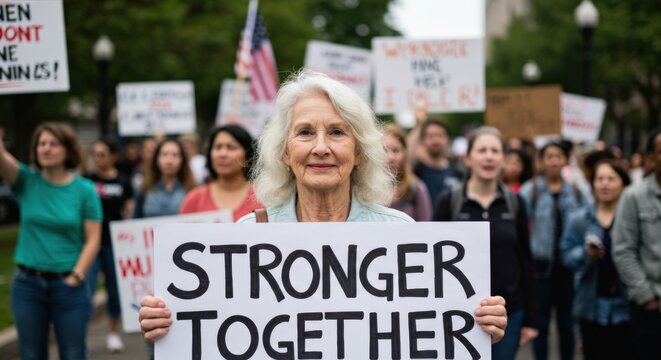 An older white woman smiles while holding a "STRONGER TOGETHER" sign at a protest rally with a diverse crowd and American flag in the background
