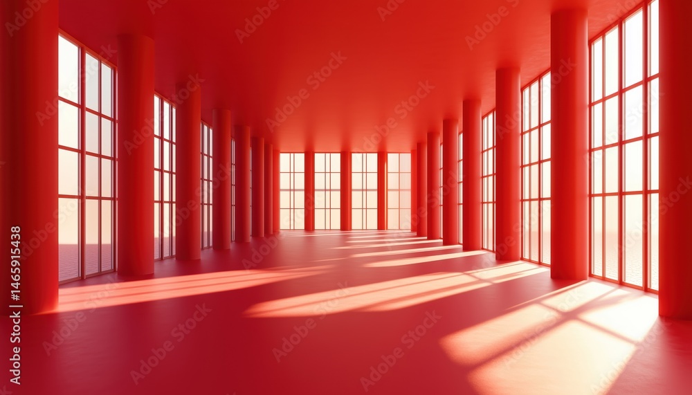 Poster large windows allowing natural light to flood a realistic and spacious room with a red color scheme 