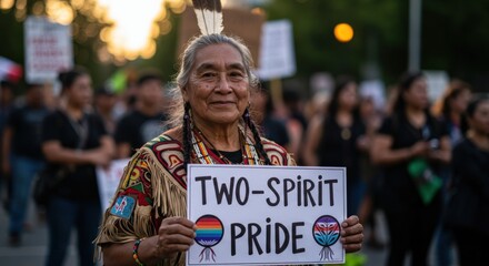 Smiling older Indigenous woman in traditional clothing holding a "Two-Spirit Pride" sign at an outdoor rally or parade