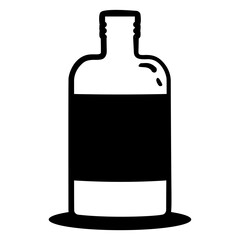 Bottle of liquor is shown in a black and white drawing. The bottle is empty and has a label on it