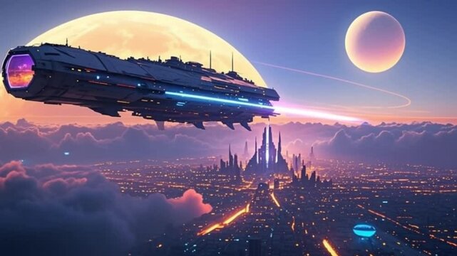 Spaceship of alien planet arrival descent sun megacity with clouds of glowing vibrant sci-fi  futuristic, cosmic, sky, world 4K video download