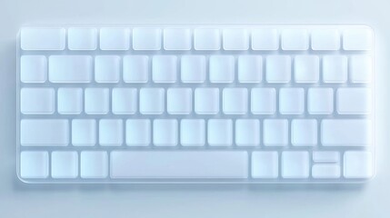 Minimalist translucent keyboard with blank keys, viewed from above on a light background.