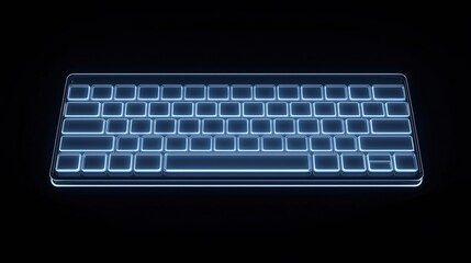 A glowing, minimalist keyboard outline is illuminated against a black background.