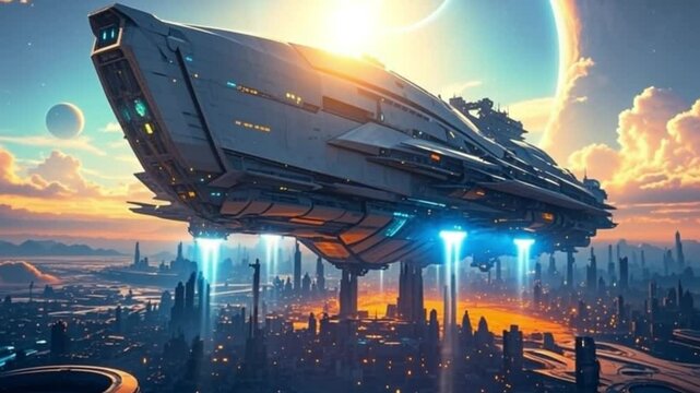 Spaceship of alien planet arrival descent sun megacity with clouds of glowing vibrant sci-fi  futuristic, cosmic, sky, world 4K video download