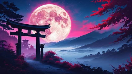 Scenic vista of pagoda gate under large pink moon in fantasy landscape