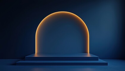 Luxurious Backdrop Stage Podium With Dark Blue Design For Empty Scene Presentations And Neon Spotlight Showrooms With Abstract Light Show Displays.