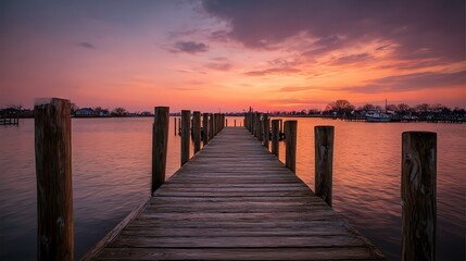 Obraz premium A tranquil sunset view over a dock with wooden pillars leading to the horizon, creating a serene and picturesque coastal landscape perfect for relaxation.