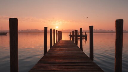Obraz premium A tranquil sunset view over a dock with wooden pillars leading to the horizon, creating a serene and picturesque coastal landscape perfect for relaxation.