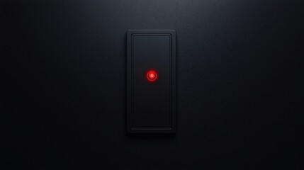A sleek black switch with a glowing red LED light centered against a dark textured wall.