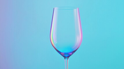 A clear wine glass is shown against a vibrant blue and purple gradient background with soft, colorful reflections.