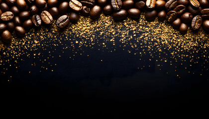 Luxurious dark background with roasted coffee beans and golden glitter; perfect for coffee shop menus, websites, or packaging.