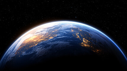Fototapeta premium Blue planet Earth glows with city lights visible from space against a backdrop of stars above.