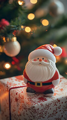 Cute Santa figurine beside Christmas tree and festive ornaments