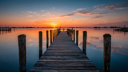 Fototapeta premium A tranquil sunset view over a dock with wooden pillars leading to the horizon, creating a serene and picturesque coastal landscape perfect for relaxation.
