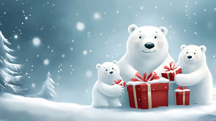 Fototapeta premium Cute polar bears holding red gift boxes in a snowy Christmas background.