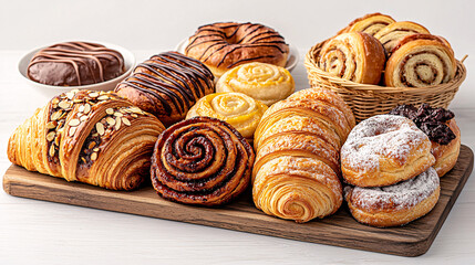 Fototapeta premium An assortment of fresh baked pastries are displayed on a rustic wooden board for breakfast.