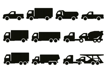 Collection of Simple Black Silhouettes of Various Trucks and Vehicles