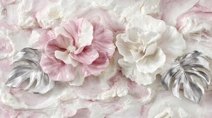 Elegant pink and white ceramic flowers with silver leaves on a textured pink and white background.  Perfect for home decor or design projects.