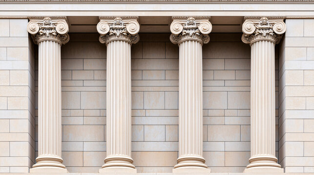 Four corinthian columns stand against a brick wall highlighting classical architecture details.