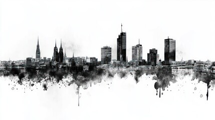 Naklejka premium Warsaw Skyline: A Monochromatic Watercolor Cityscape