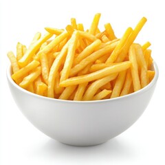 French fries in bowl close up on a white background