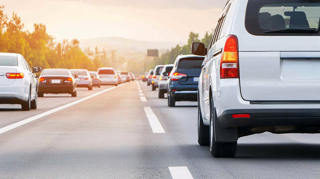 Cars are driving du a traffic jam on the highway as the sun shines du the day.