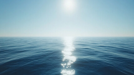 Obraz premium A calm ocean with a bright sun shining on the water. The water is a deep blue color, and the sun is reflecting off the surface, creating a beautiful and serene scene. Scene is peaceful and relaxing