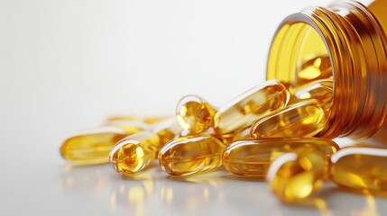 Yellow capsules spilling from transparent container