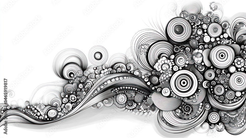 Aufkleber a black and white drawing of a wave with many circles and swirls. the circles are of various sizes a