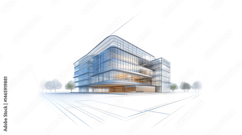 Poster a large glass building with a tree in front of it. the building is modern and sleek, with lots of wi