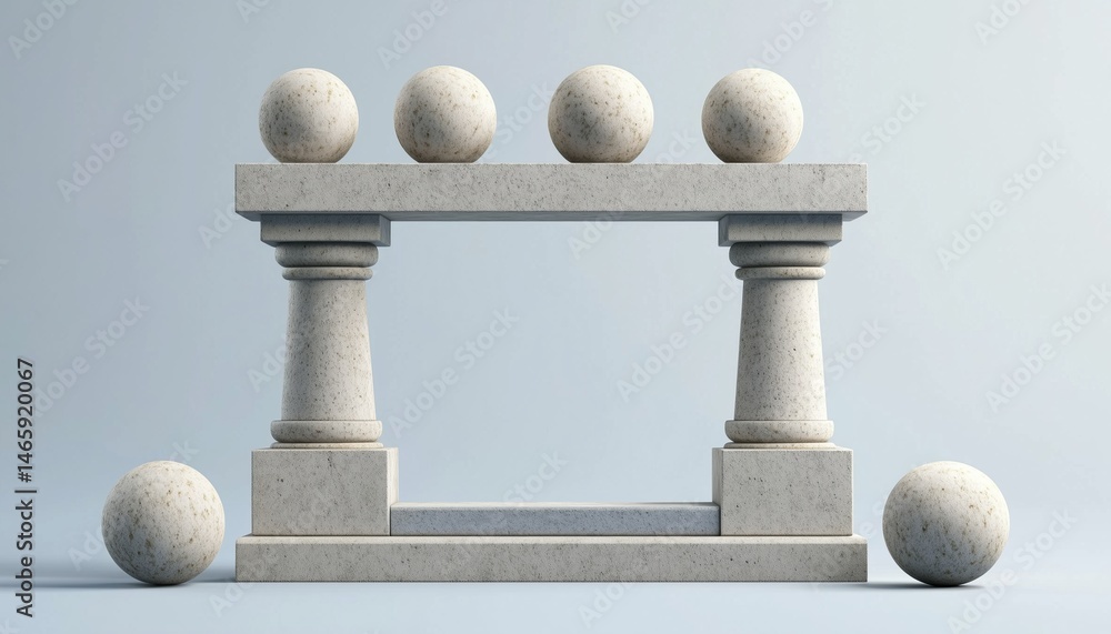 Poster artistic rendition of a sculptural base surrounded by floating spheres in a blue setting. a unique d