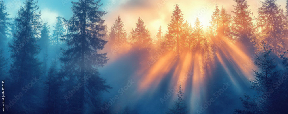 Poster a forest with trees in the background and a sun shining through the trees. the sun is casting a warm
