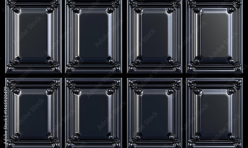 Poster elegant dark metallic tiles with ornate frames, seamless pattern, luxurious background texture.