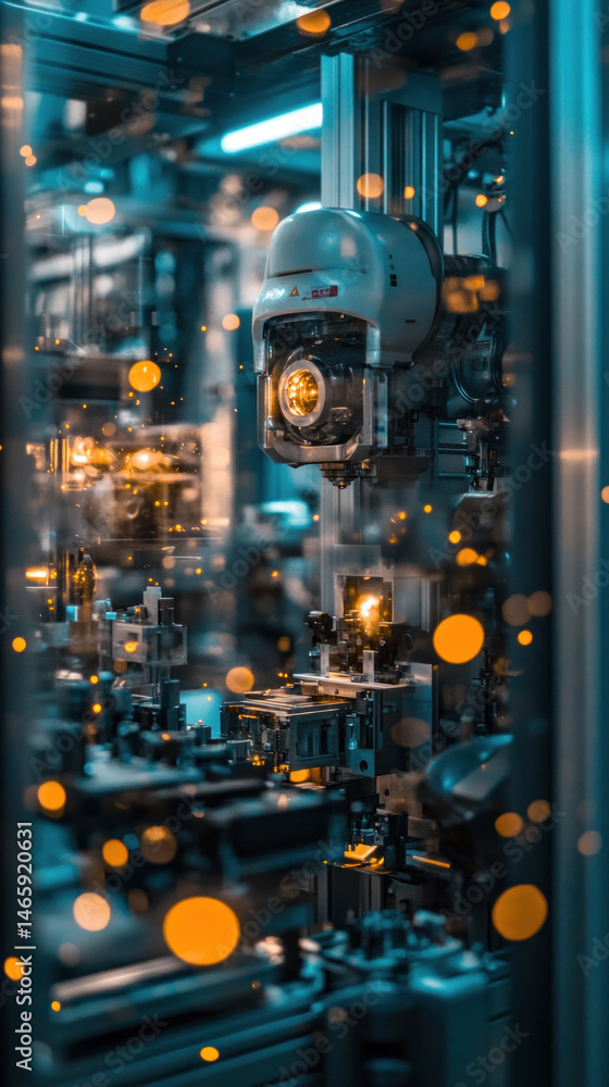 Poster a blurry image of a factory with a large camera in the middle. the camera is surrounded by a lot of 