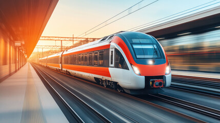 Fototapeta premium A train is traveling down the tracks with a red and white stripe. The train is moving quickly and he is in motion