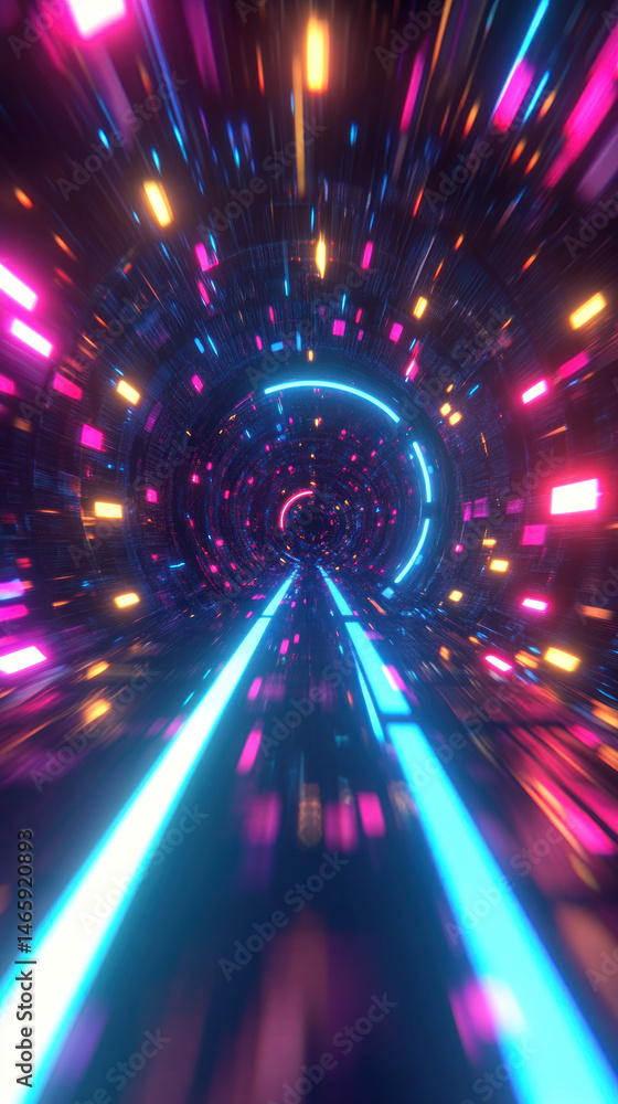 Poster a colorful tunnel with neon lights and a blue circle in the middle. the tunnel appears to be a futur