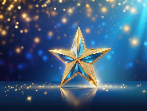 Radiant Golden Star on Blue with Swirling Lights &ndash; Ideal for Awards & Celebrations