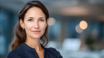 Confident business professional with focused expression in formal attire, head and shoulders portrait using soft left studio lighting, set against blurred corporate office background for leadership