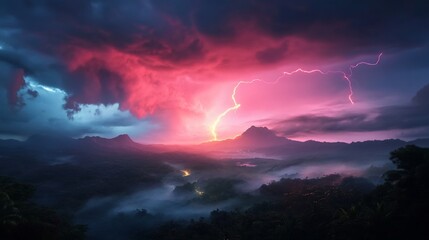 Naklejka premium Stormy mountain landscape, pink and purple sky with lightning