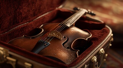 Obraz premium Close-up of a vintage violin resting in its case with soft velvet lining showcasing its craftsmanship