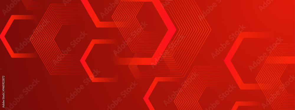 Poster red background with translucent hexagonal shapes for graphic design projects, web backgrounds, techn