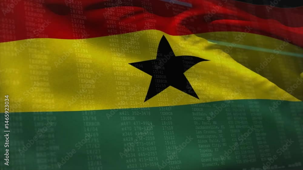 Poster displaying ghana flag under scrolling code text, error messages, timestamps, city state names