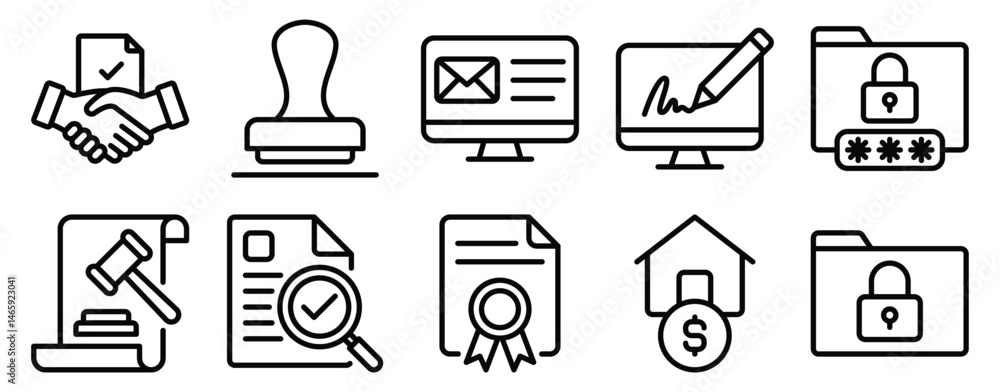 Aufkleber contracts icon set line style collection representing legal agreements and formal documentation suit